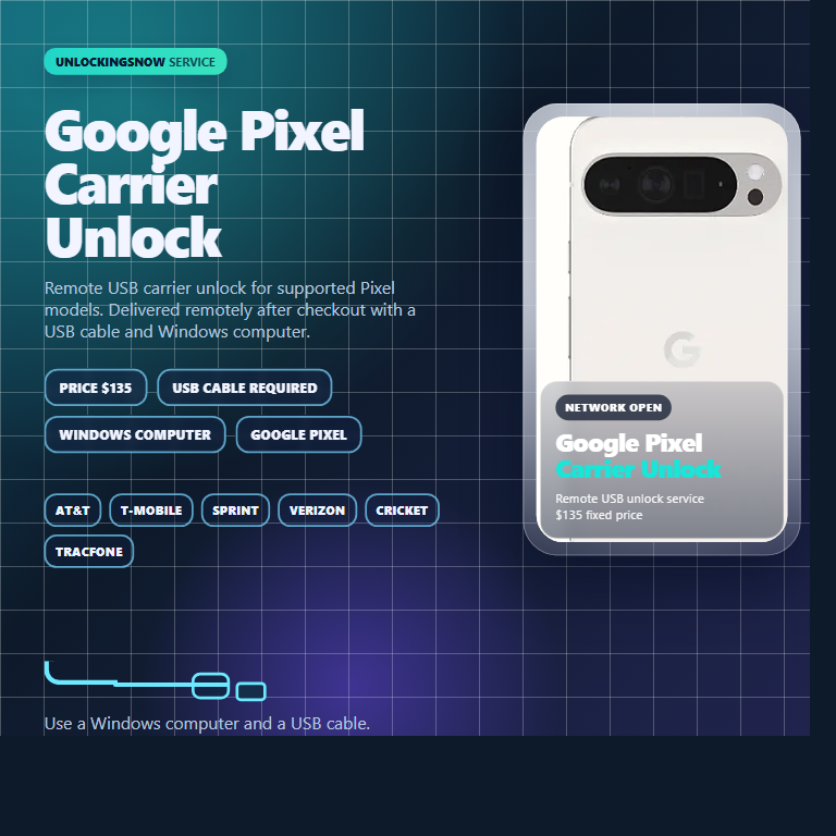 Google Pixel Carrier Unlock banner with white Pixel phone