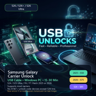 Samsung Galaxy carrier unlock service card for S24, S25, Z Fold, Z Flip and S26 models
