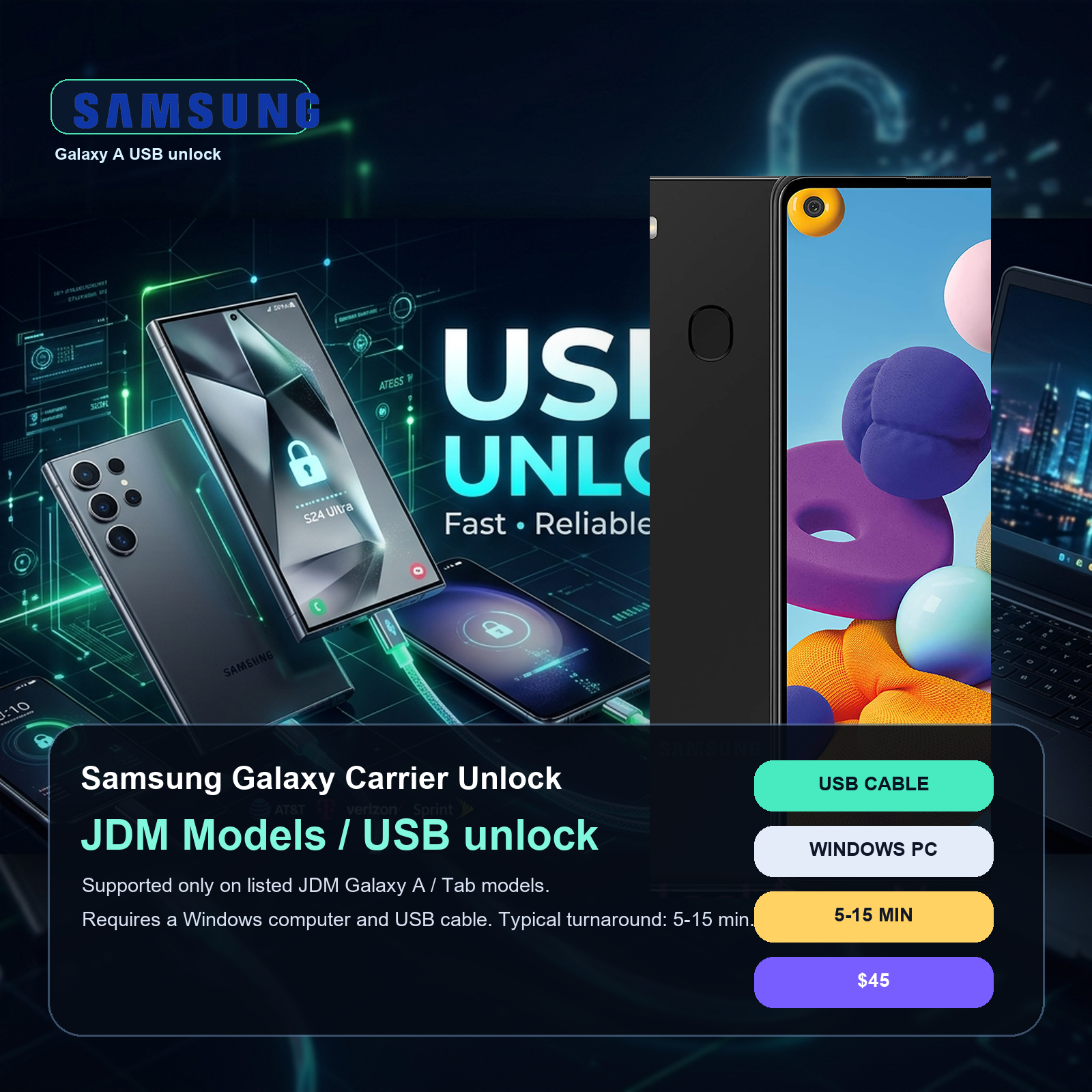 Samsung Galaxy JDM USB unlock service for supported Galaxy A models